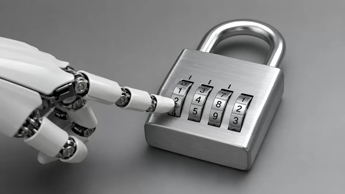 Roboterhand bedient ein Zahlenschloss aus Metall
