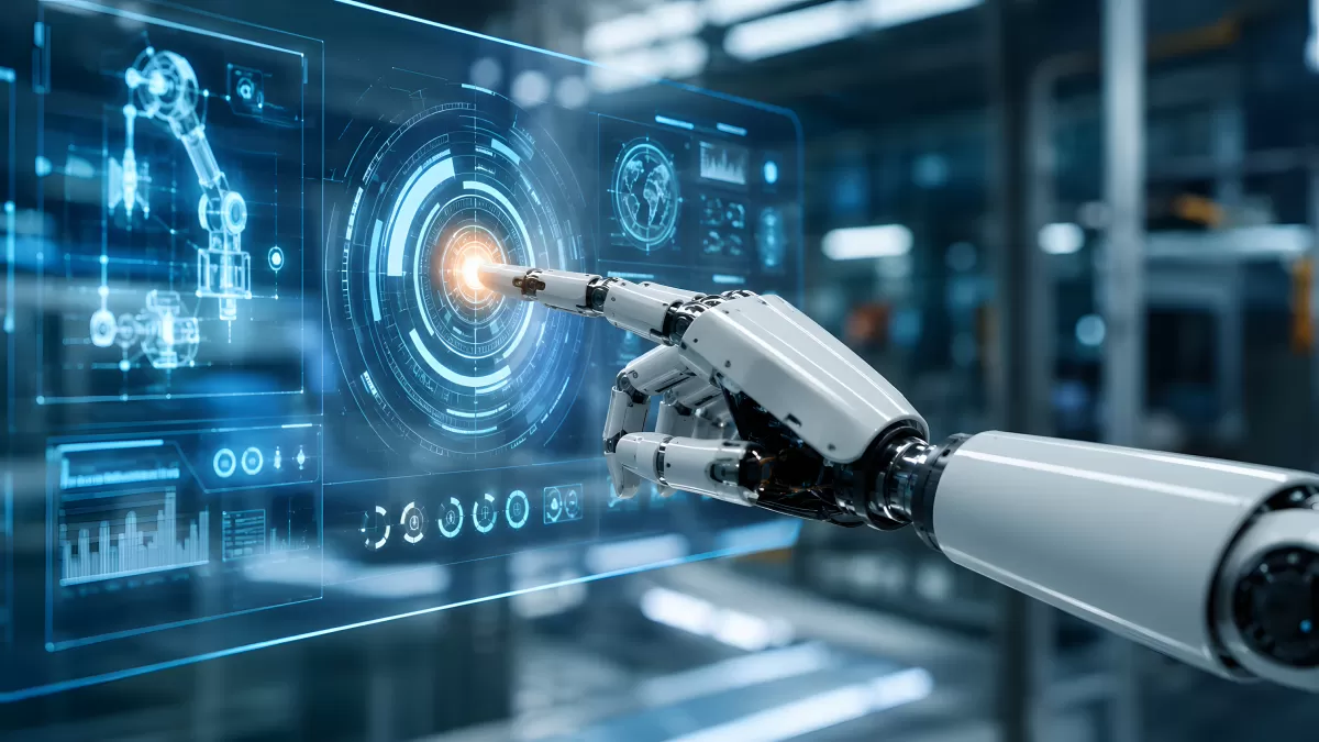 Roboterhand berührt futuristisches Hologramm-Display