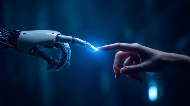 Roboterhand berührt menschliche Hand - digitale Verbindung