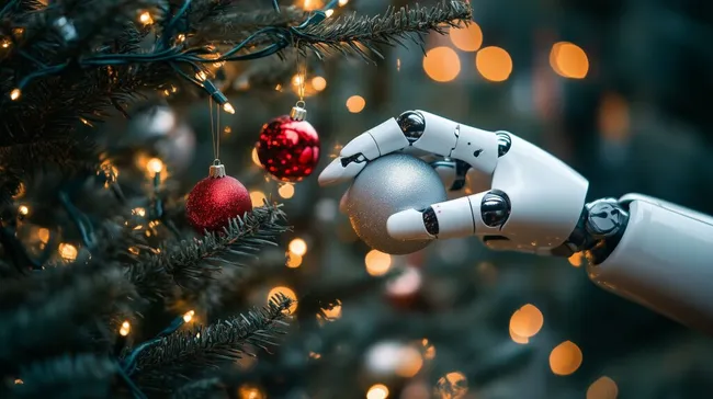 Roboterhand dekoriert Weihnachtsbaum mit Kugeln