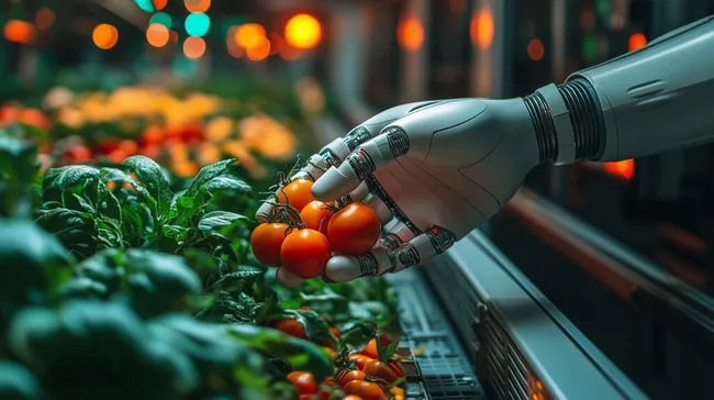 Roboterhand erntet frische Bio-Tomaten