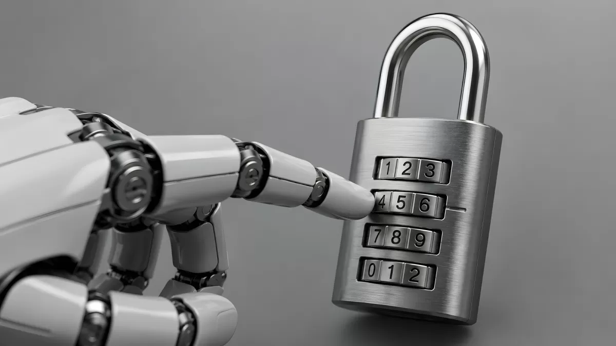 Roboterhand greift nach einem Zahlenschloss aus Metall
