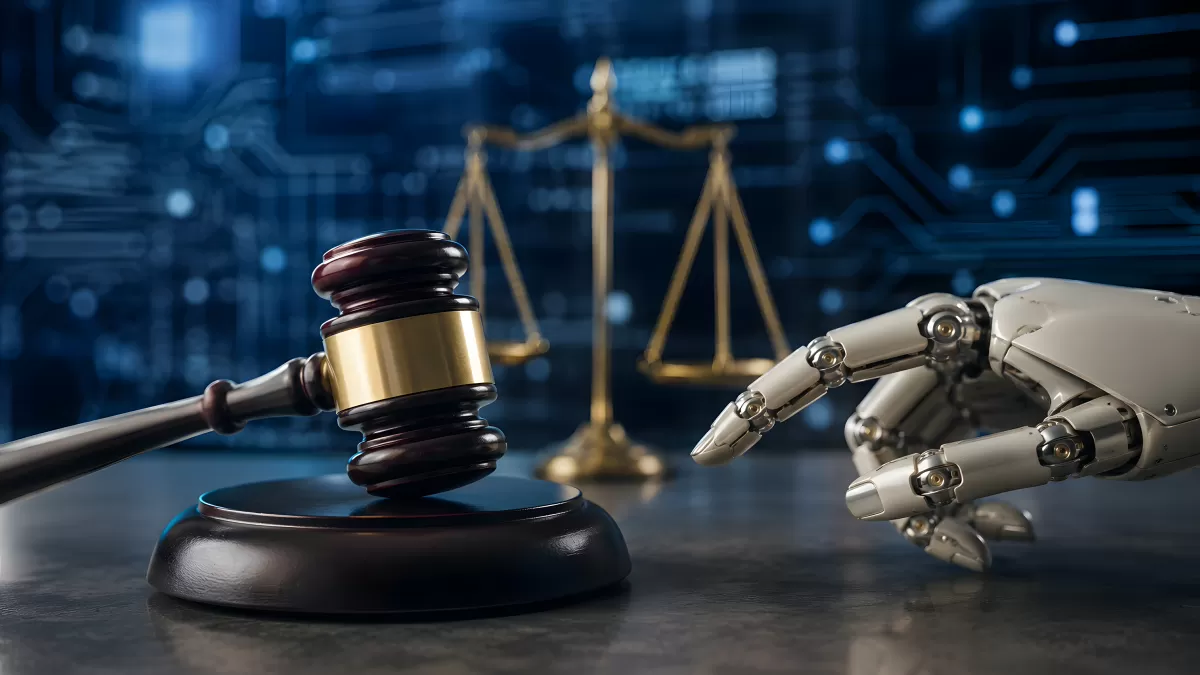 Roboterhand greift nach Richterhammer neben Waage der Gerechtigkeit