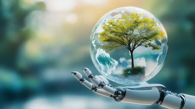 Roboterhand hält Erdkugel mit Baum