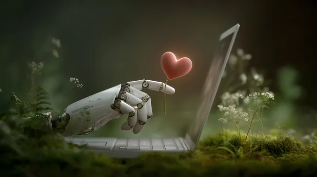 Roboterhand hält Herz vor Laptop in Naturnähe