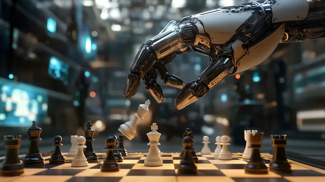 Roboterhand spielt Schach gegen Menschenschach-Figuren