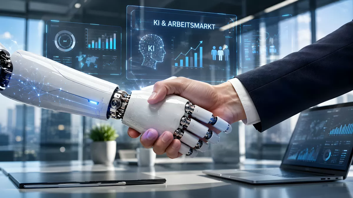 Roboterhand und Menschenhand beim Handschlag im Büro