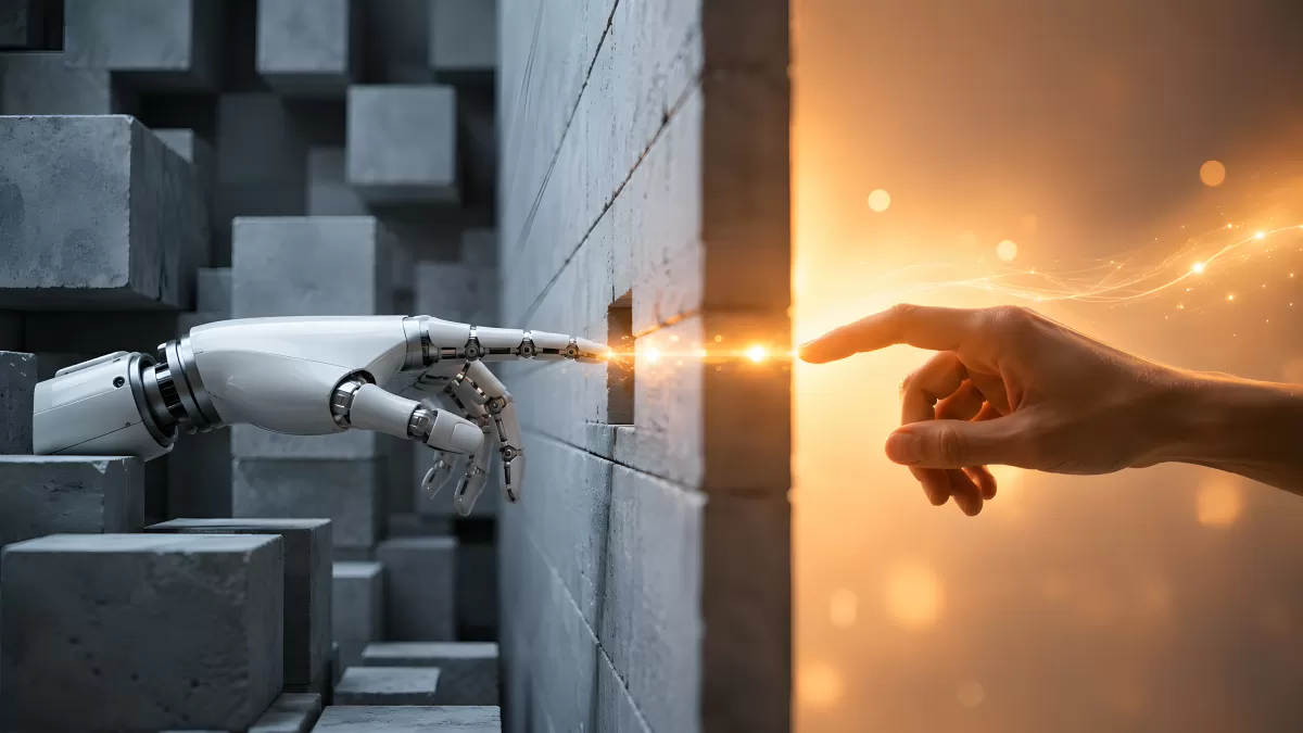 Roboterhand und Menschenhand berühren sich durch Wand