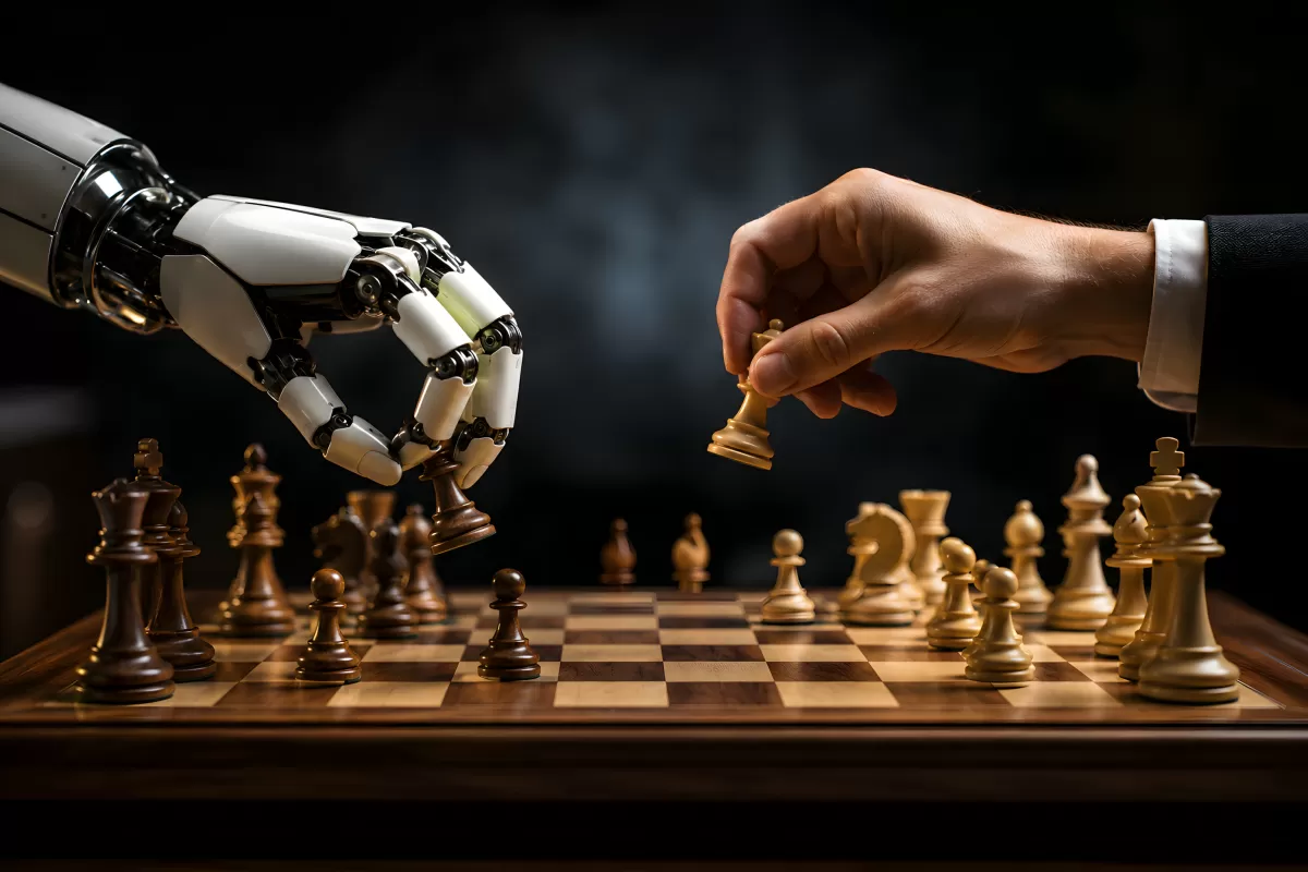 Roboterhand und Menschenhand spielen Schach gegeneinander