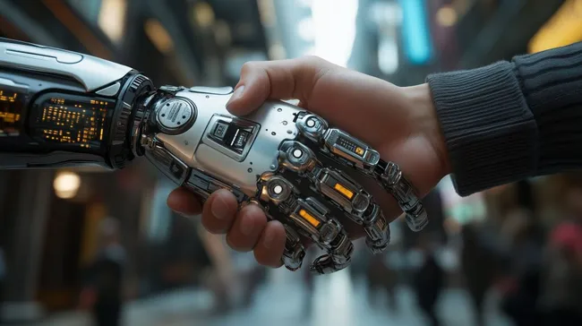 Roboterhand und menschliche Hand beim Händeschütteln