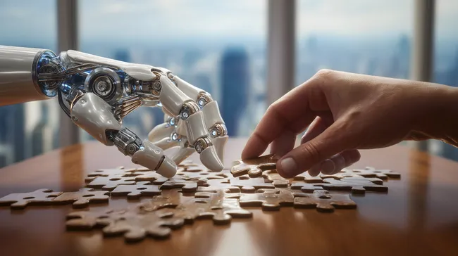 Roboterhand und menschliche Hand greifen gemeinsam nach Puzzle-Teil