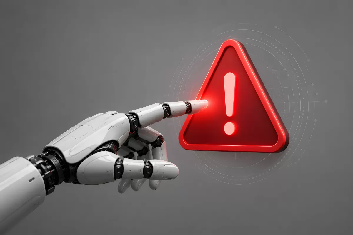 Roboterhand zeigt auf rotes Warnsymbol mit Ausrufezeichen