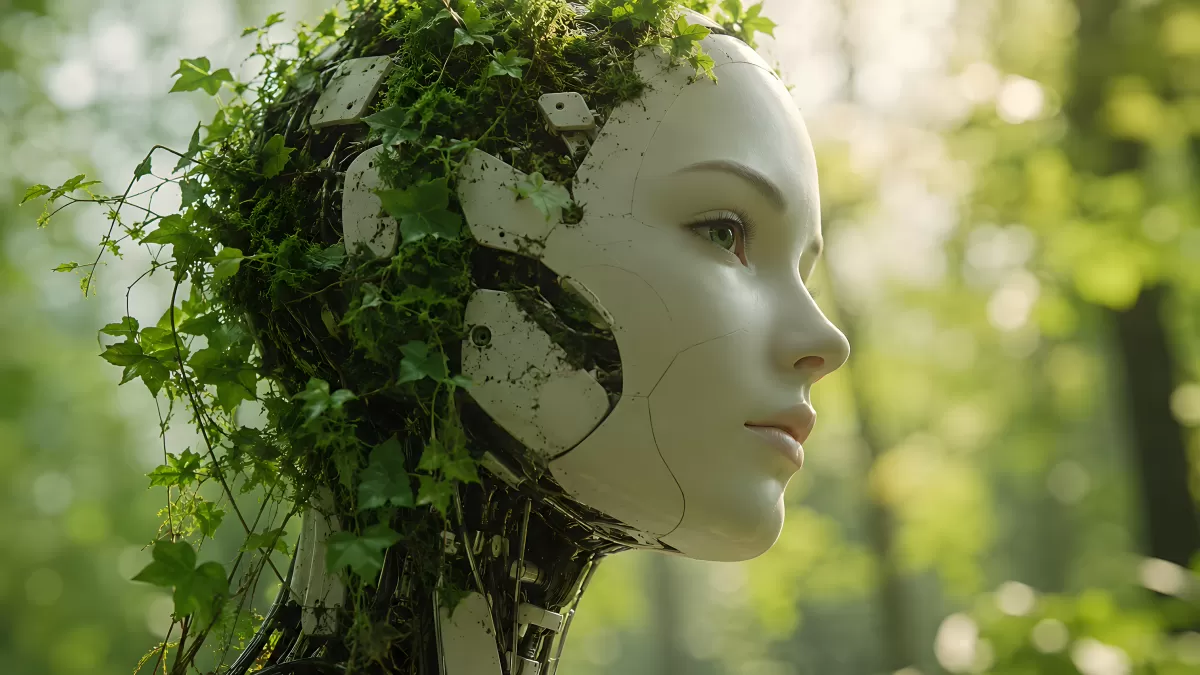 Roboterkopf mit Efeu und Moos in einem Wald