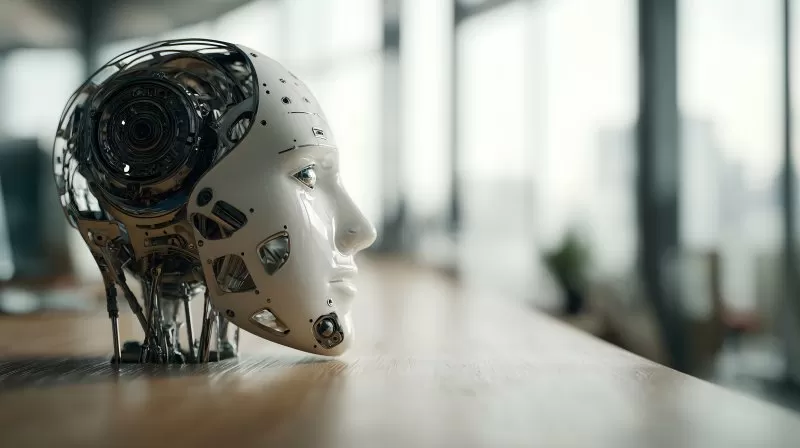 Roboterkopf mit Kabeln auf Schreibtisch