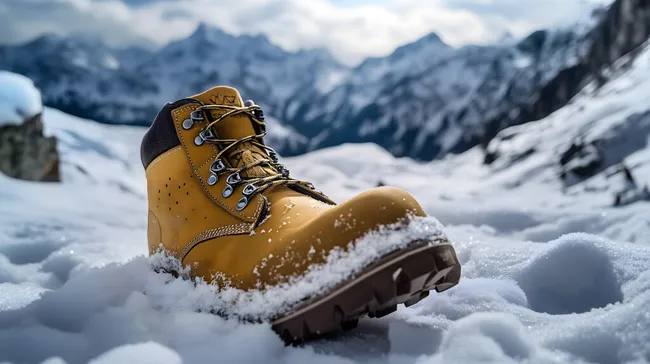 Robuster Bergstiefel im verschneiten Gebirge