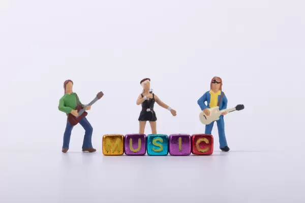 Rock band with Music text on white background