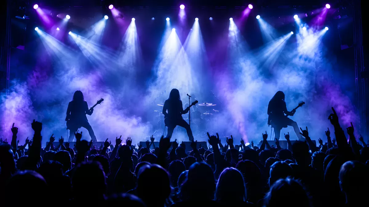Rockband auf Bühne mit Publikum und Lichtshow