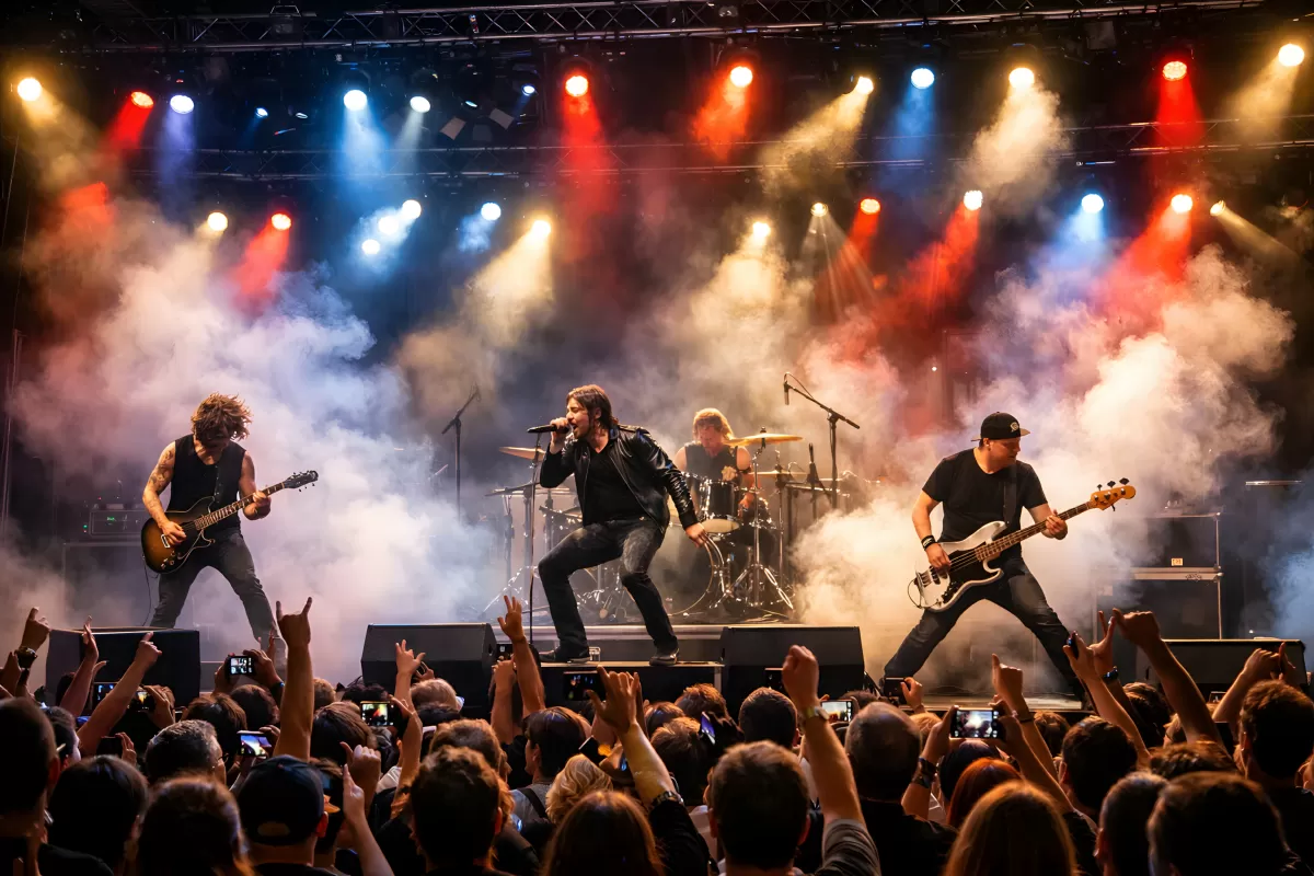 Rockband auf einer Bühne mit Nebel und Bühnenlichtern