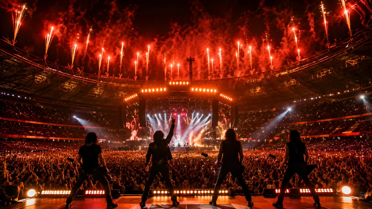 Rockband auf riesiger Bühne mit Feuerwerk im Stadion