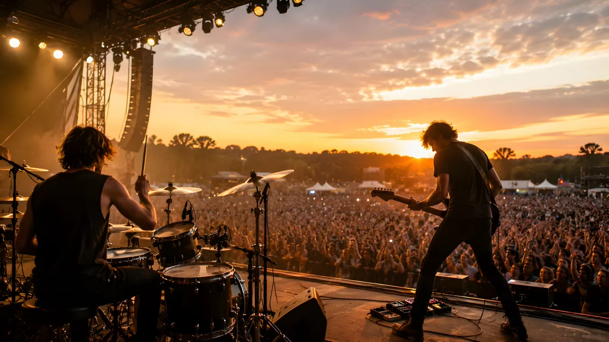 Rockband spielt bei Sonnenuntergang vor riesigem Festivalpublikum
