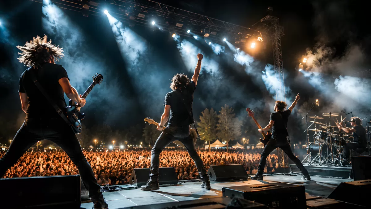Rockband spielt vor riesiger Menschenmenge bei Nacht