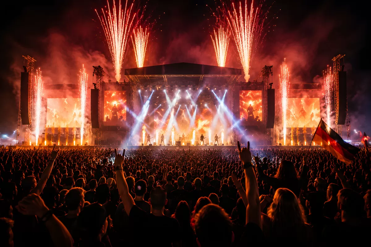 Rockkonzert bei Nacht mit Feuerwerk und riesiger Menschenmenge