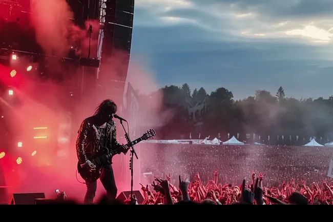 Rockkonzert bei Nacht mit leuchtendem Publikum