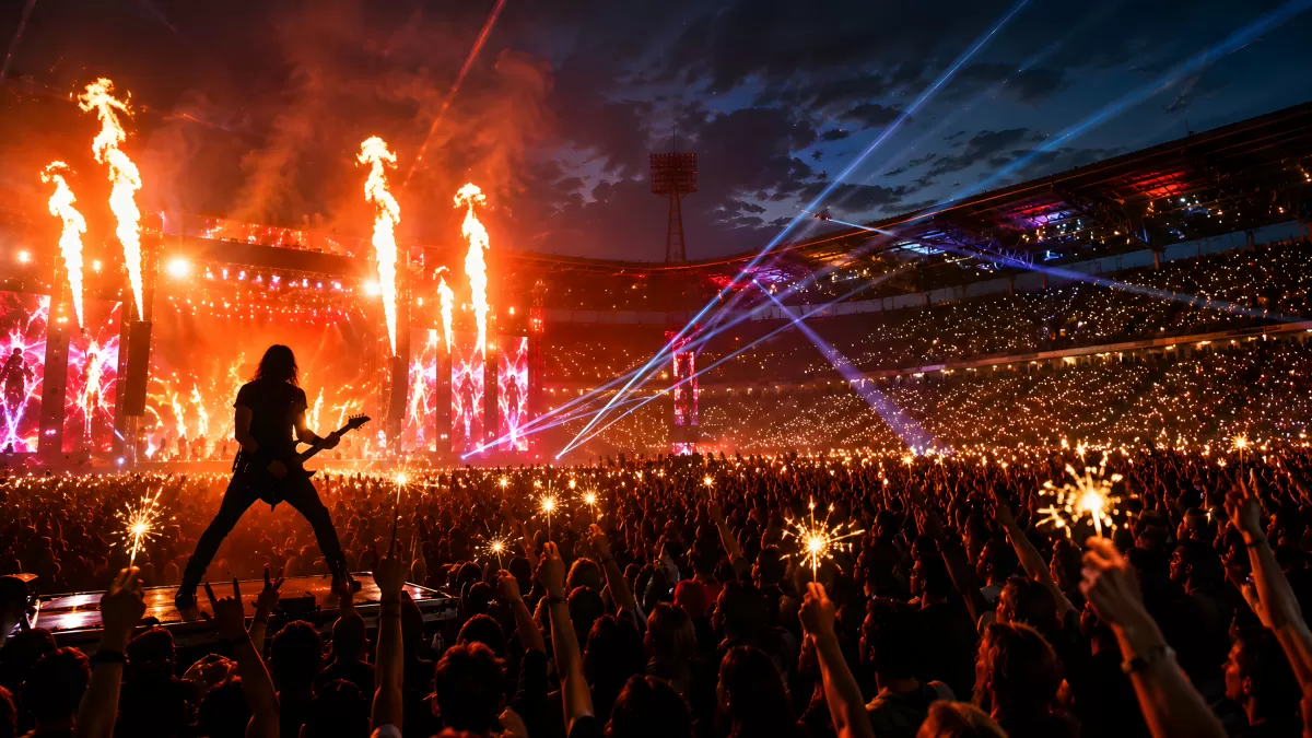 Rockkonzert im Stadion mit Flammen und jubelnder Menge