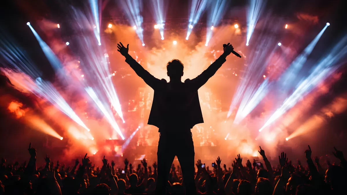 Rockkonzert Silhouette mit Bühnenlicht und jubelnder Menge