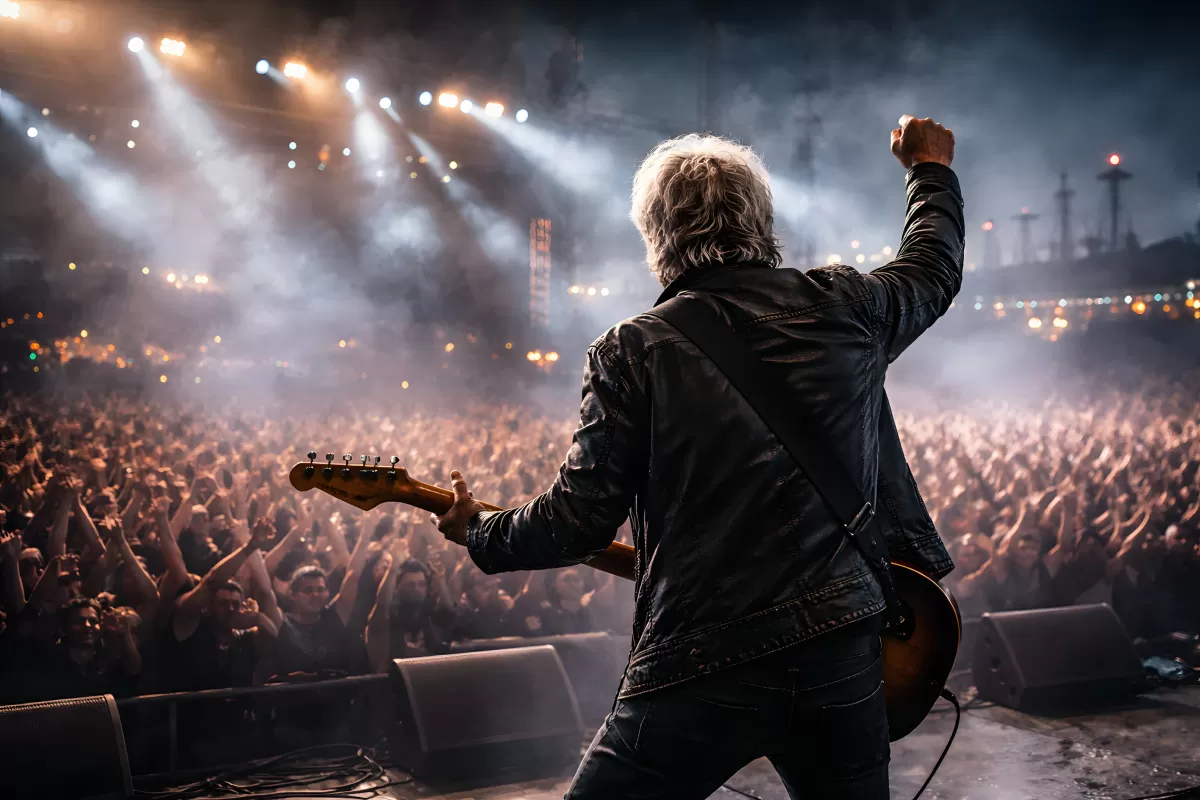 Rockmusiker auf der Bühne vor begeisterter Menge