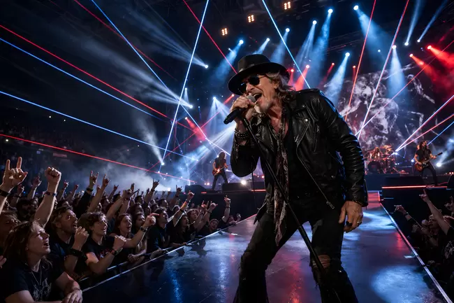 Rockstar-Sänger ähnlich Udo Lindenberg auf der Bühne bei Rockkonzert