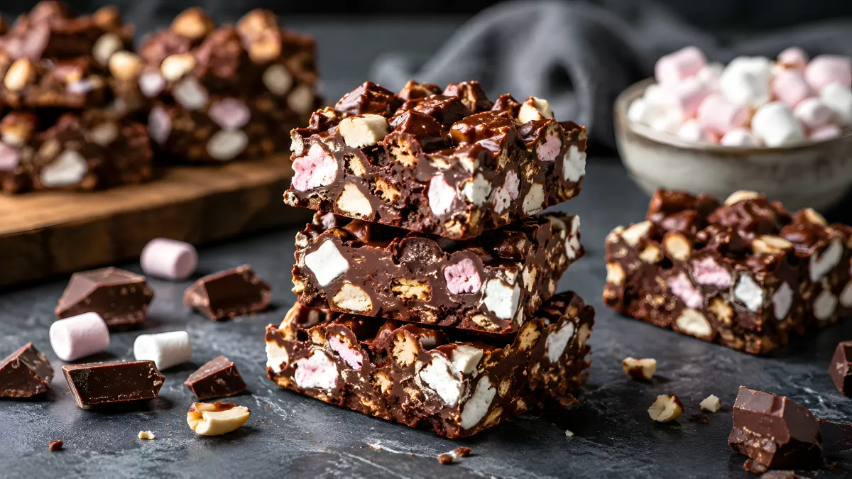 Rocky Road Schokoriegel mit Marshmallows und Nüssen