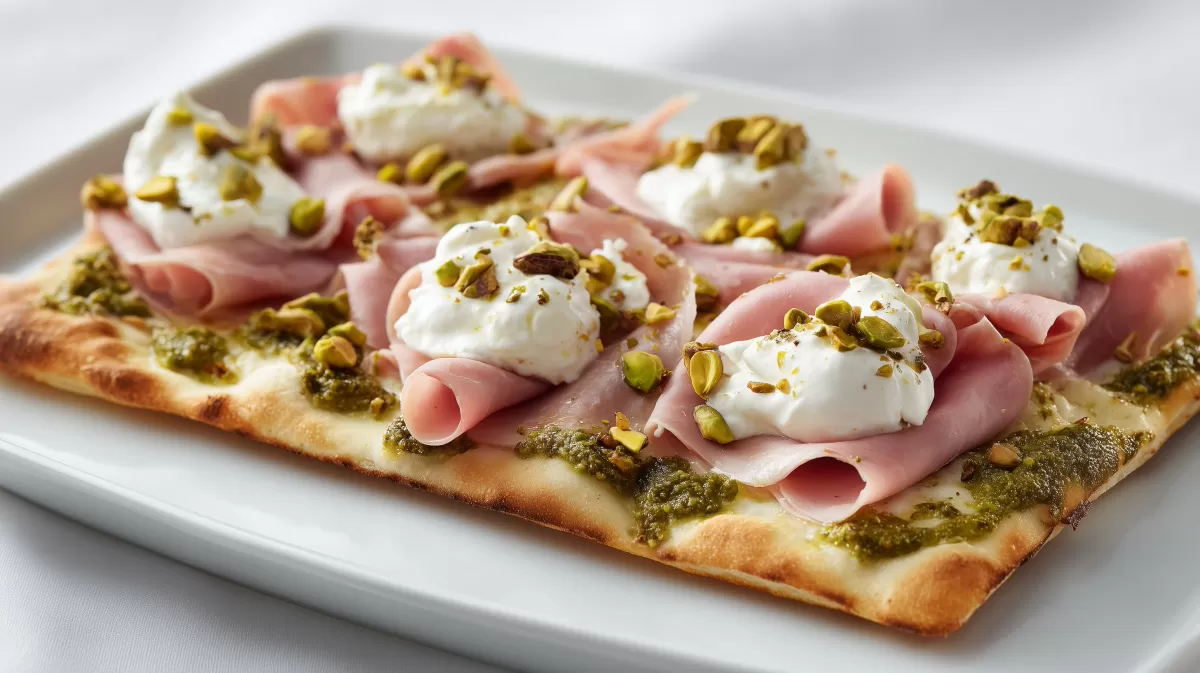 Römische Pizza mit Mortadella und Pistazien-Pesto