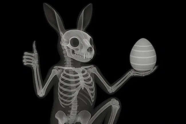 Röntgenbild eines skelettierten Hasen mit Eierschale und Daumen hoch