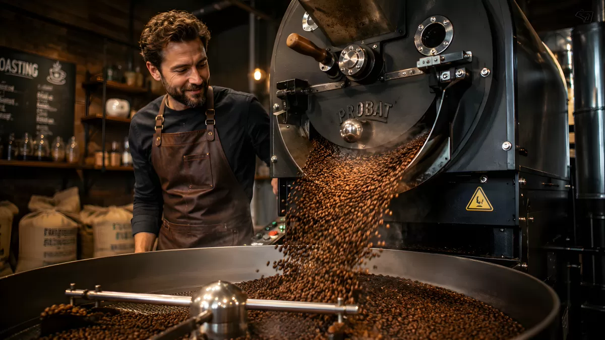 Röstmeister beim Entleeren einer Probat-Kaffeeröstmaschine