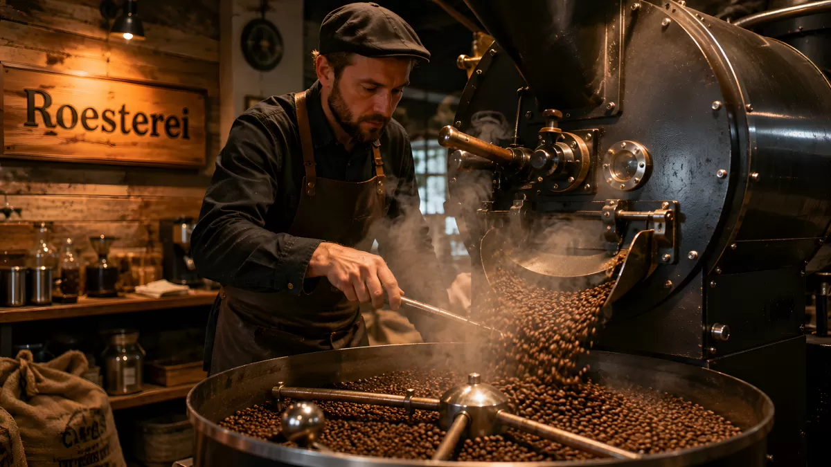 Röstmeister beim Rösten frischer Kaffeebohnen