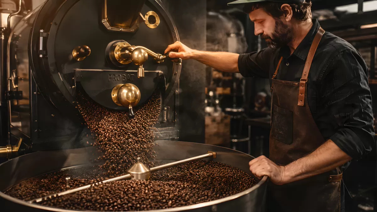 Röstmeister öffnet Probat-Trommel mit Kaffeebohnen