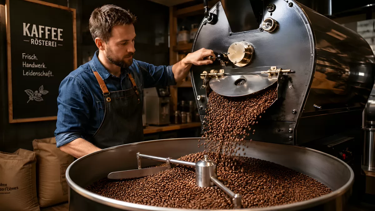 Röstmeister öffnet Trommel in einer Kaffeerösterei