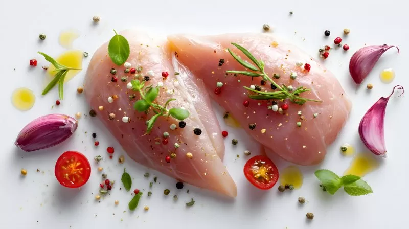 Rohe Hähnchenbrust mit Gemüse und Kräutern auf Schneidebrett