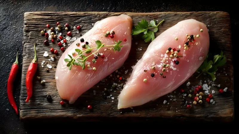 Rohe Hähnchenbrust mit Gewürzen auf Holzbrett