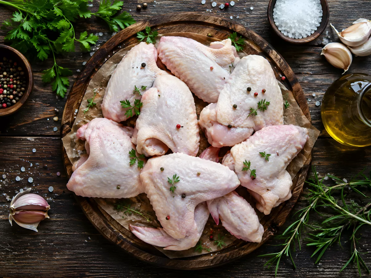 Rohe Hähnchenflügel mit Kräutern auf Holzbrett
