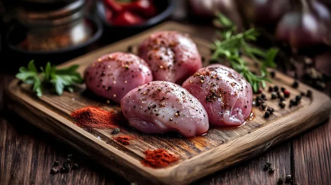 Rohe Hähnchenleber mit Gewürzen auf Holzbrett