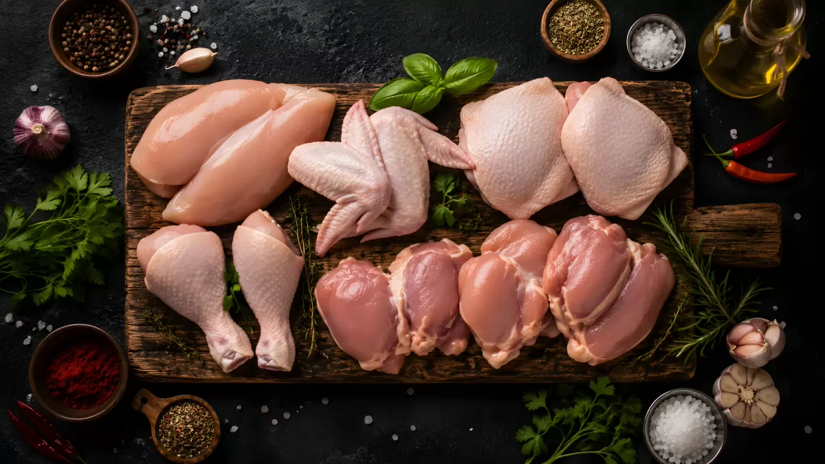 Rohe Hähnchenteile auf Holzbrett mit Gewürzen