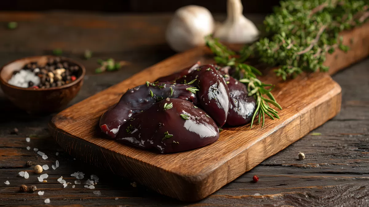 Rohe Hühnerleber mit Kräutern auf rustikalem Holzbrett
