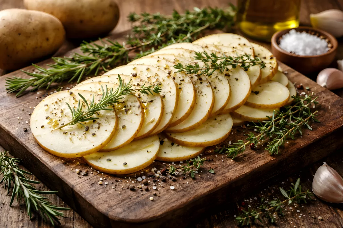 Rohe Kartoffelscheiben mit Rosmarin auf Holzbrett