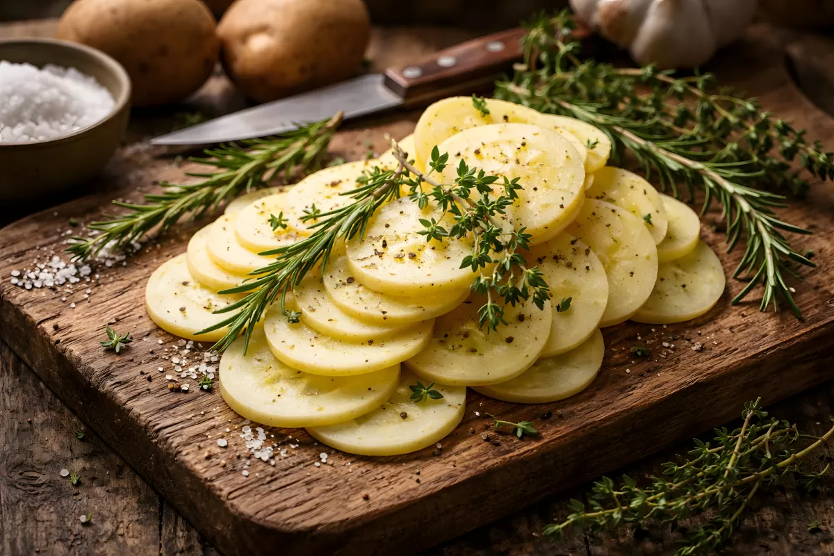 Rohe Kartoffelscheiben mit Rosmarin und Thymian