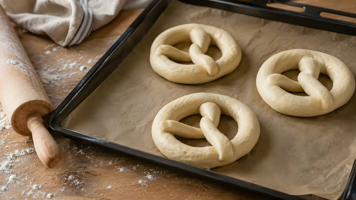 Rohe Laugenbrezel auf Backblech vor dem Backen