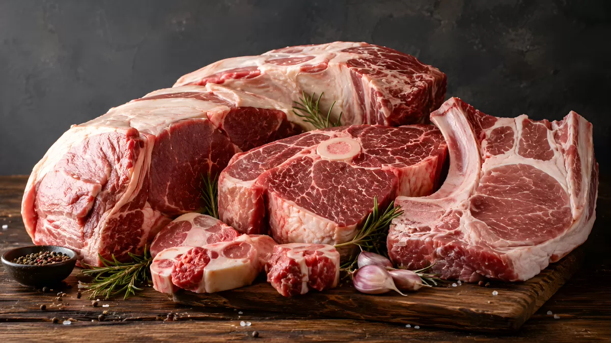Rohes Fleisch in verschiedenen Schnitten auf Holzbrett — Bild kostenlos herunterladen