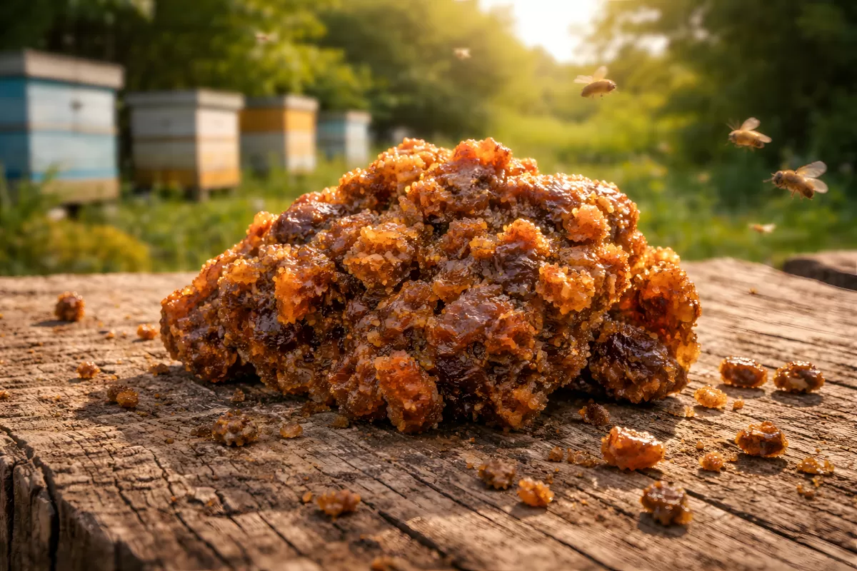 Rohes Propolis auf Holz mit Bienen im Bienenstand