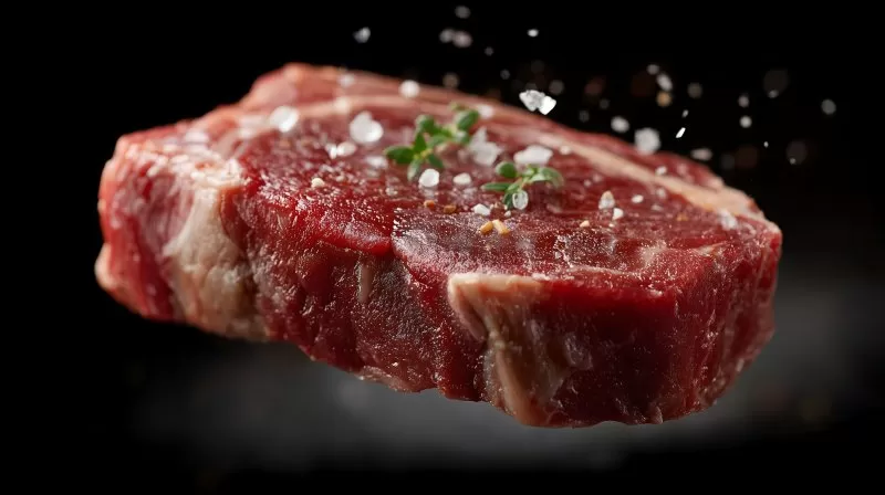 Rohes Rindersteak mit Meersalz und Kräutern vor schwarzem Hintergrund